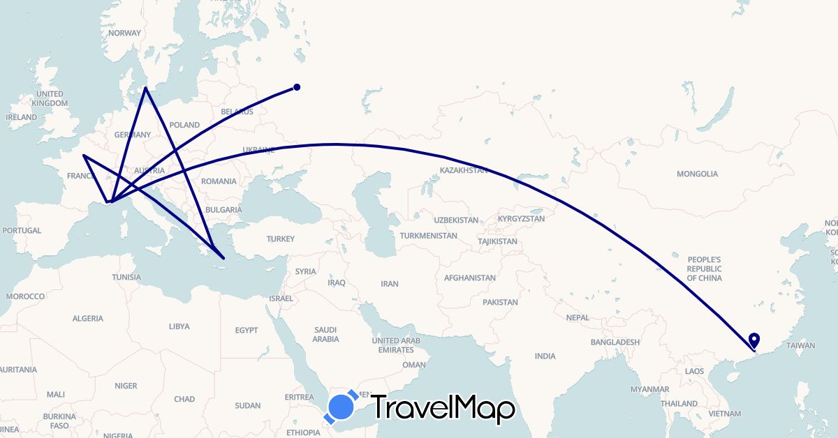 TravelMap itinerary: driving in China, Denmark, France, Greece, Russia (Asia, Europe)